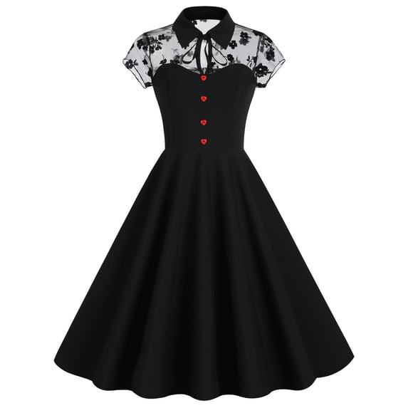 Wycnly Formal Dresses for Women Graduation Party Vintage Mesh Patchwork Tie Pleated Swing 1950S Dresses Short Sleeve Lapel Solid 2024 Summer Midi Dress Navy XXL