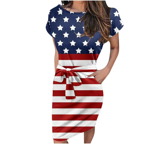 Wycnly Formal Dresses for Women Independence Day Fashion Pocket Wrap Patriotic Dresses with Belt Short Sleeve Crewneck US Flag Print 2025 Summer Midi Dress Dark Blue l