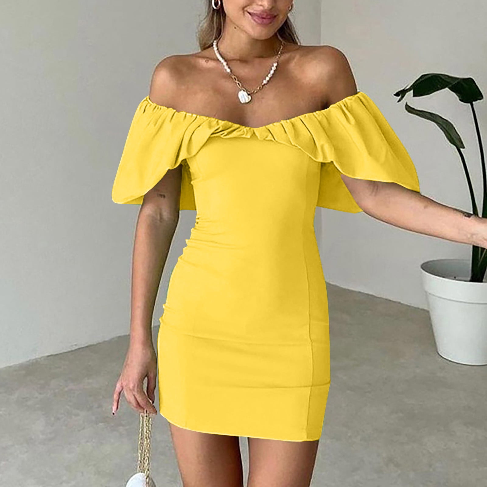 yellow bodycon tube dress Slaydiva Plus Size Women's Yellow Summer Tube Top Long Dress,Smart Casual  Vacation Holiday Midi Ribbed Fitted Bodycon Dress With Pockets For Beach &  Outing