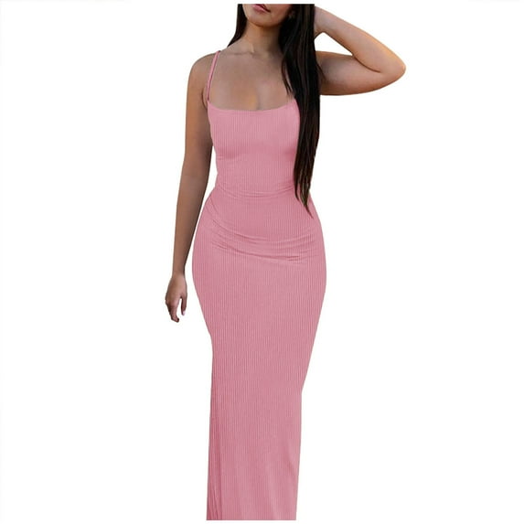 Wycnly Formal Dresses for Women Night Party Club Knitted Plus Size Sexy Strap Ruched Bodycon Dresses Square Neck Sleeveless Solid 2024 Summer Long Dress Pink XXXXL
