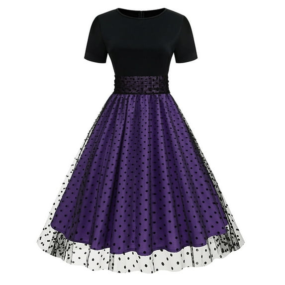 Wycnly Formal Dresses for Women Party Prom Elegant Mesh Patchwork Pleated Swing Formal 1950S Dresses Short Sleeve Round Neck Color Patchwork 2025 Summer Midi Dress Purple XXL