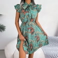 thumbnail image 1 of Wycnly Formal Dresses for Women Party Prom Vintage Ruffle Sleeve Pleated Swing Formal Dresses with Tie Short Sleeve Stand Neck Floral Print 2024 Summer Mini Dress Green m, 1 of 7