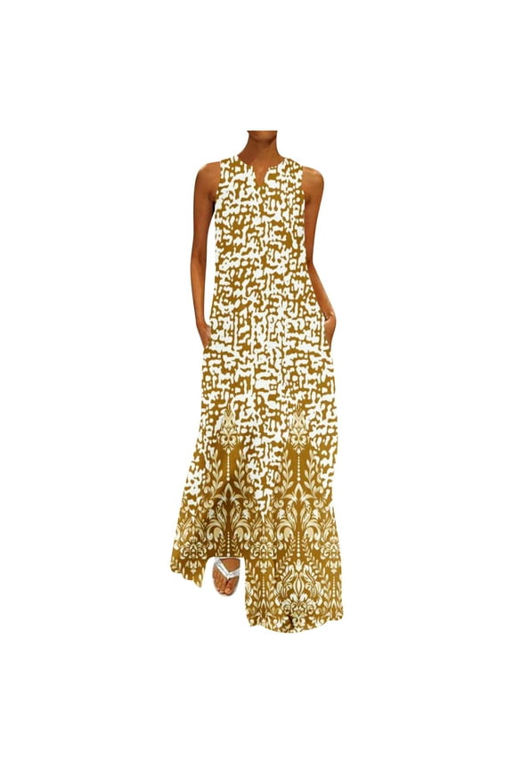 Formal Dresses for Women Plus Size Fashion Loose Swing Tunic Tank Long Dresses with Pocket V-Neck Sleeveless Floral Print 2024 Summer Maxi Dress Yellow l