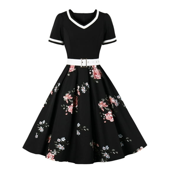 Wycnly Formal Dresses for Women Plus Size Pleated Swing Party Prom Vintage 1950S Dresses with Belt Short Sleeve V-Neck Floral Print 2024 Summer Midi Dress Black XL