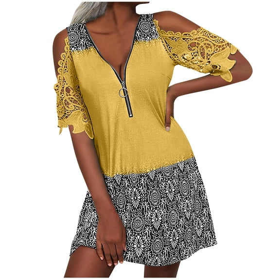 Wycnly Formal Dresses for Women Quarter Zip Sexy Lace Trim Cold Shoulder Tunic Tshirt Dress V-Neck Short Sleeve Western Print 2025 Summer Mini Dresses Yellow xl Under $5