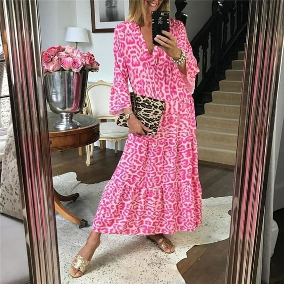 Wycnly Formal Dresses for Women Ruffle Swing Plus Size Vintage Long Dress V-Neck 3/4 Sleeve Leopard Print Summer Maxi Dresses Pink XL Clothes