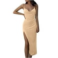 thumbnail image 1 of Wycnly Formal Dresses for Women Sexy High Slit Spaghetti Strap Ruched Bodycon Night Party Club Dresses V-Neck Sleeveless Solid 2024 Summer Long Dress Beige m, 1 of 5