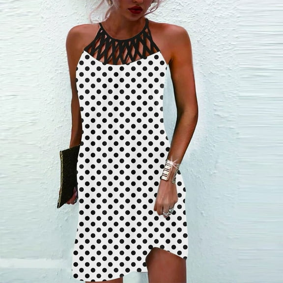 Wycnly Formal Dresses for Women Sexy Hollowed off Shoulder Plus Size Beach Party Strap Mini Dresses Sleeveless Halter Polka Dot Print 2024 Summer Short Dress White XXXL