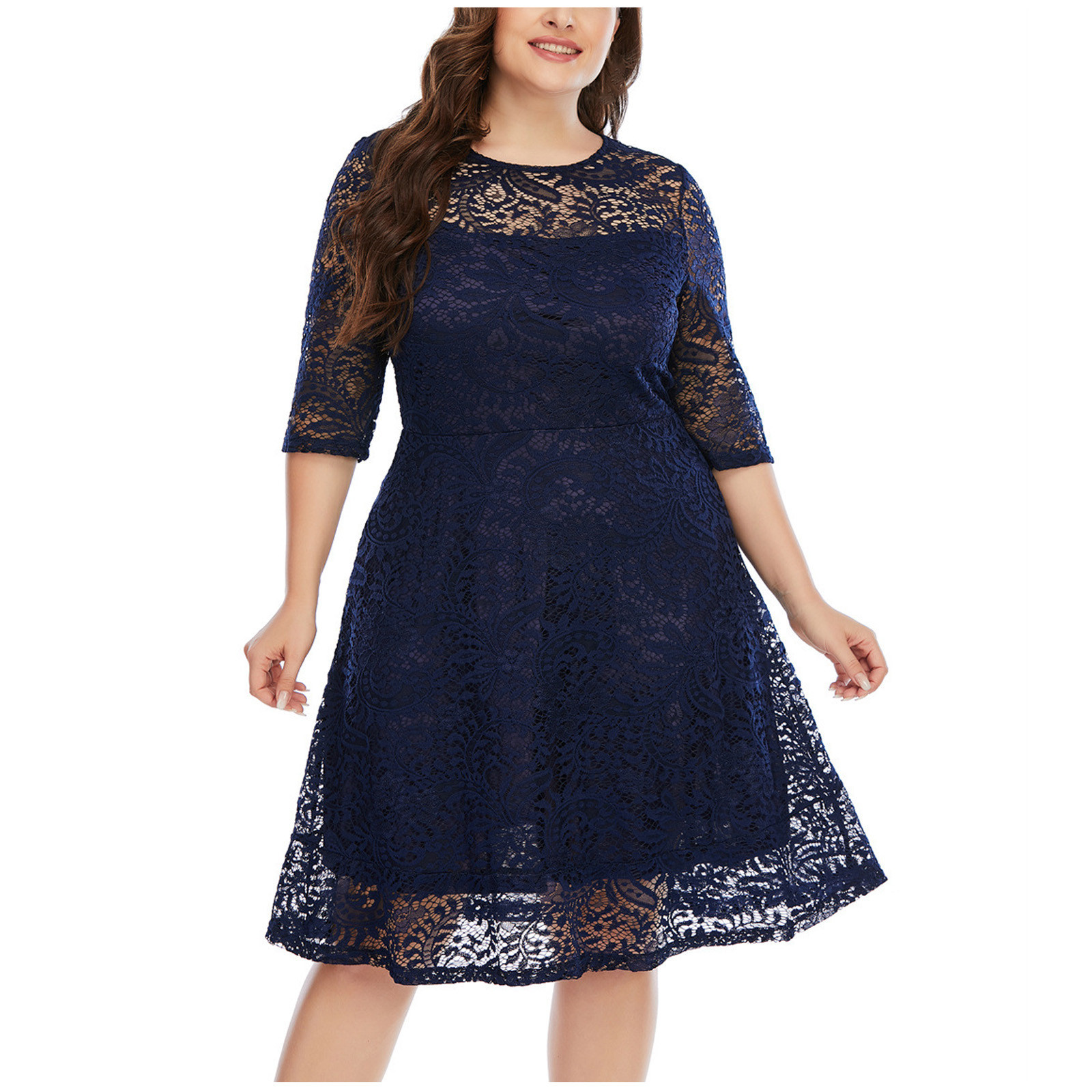 Wycnly Formal Dresses for Women Sexy Lace Patchwork Plus Size Empire Waist  Party Midi Dress Crewneck Elbow-Length Solid 2024 Summer Knee-Length  Dresses Navy xxxxl - Walmart.com