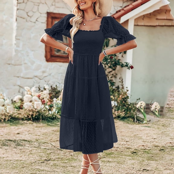 Wycnly Formal Dresses for Women Short Sleeve Square Neck Solid Summer Long Dresses Beach Casual Lantern Sleeve Elastic Waist Chiffon Dress Navy m Under $5