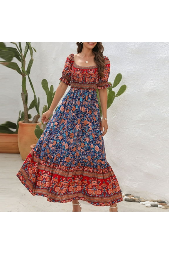 Formal Dresses for Women Short Sleeve Square Neck Western Print Summer Maxi Dresses Puff Sleeve Ruffle Swing Vintage Beach Bohemian Dress Blue M