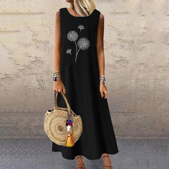 Wycnly Formal Dresses for Women Sleeveless Crewneck Dandelion Print Summer Long Dresses Casual Loose Swing Cotton Linen Tunic Tank Maxi Dress Black m Under $5