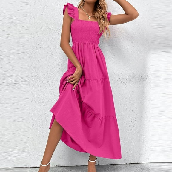 Wycnly Formal Dresses for Women Sleeveless Square Neck Solid Summer Maxi Dresses Elastic Waist Ruffle Sleeve Loose Swing Beach Casual Long Dress Hot Pink m Under $5