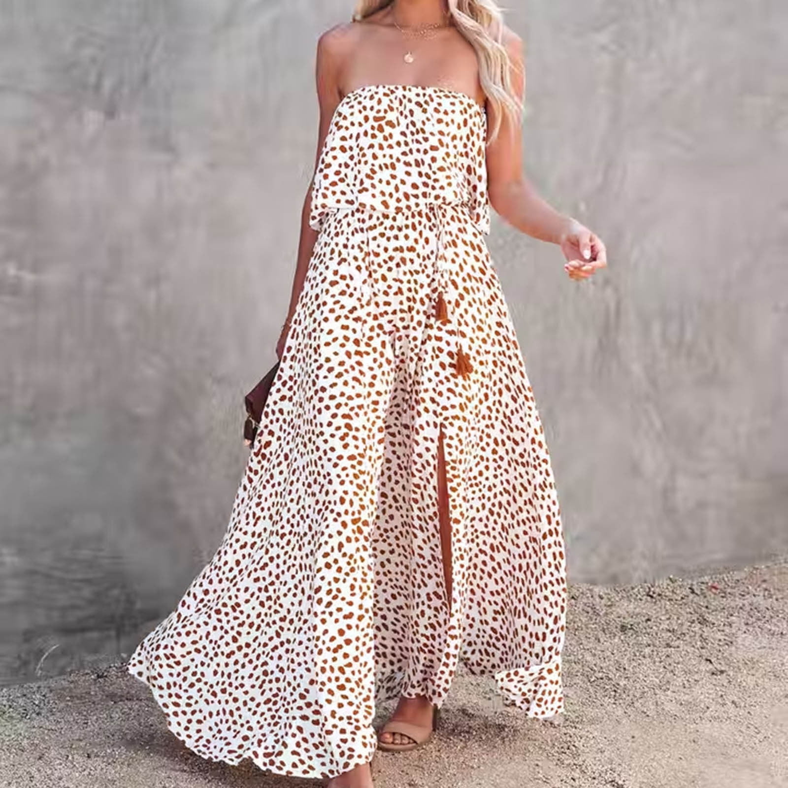Leopard Maxi Dress Cold Shoulder Strap Sexy Side Slit Flowy Elegant Summer Dress