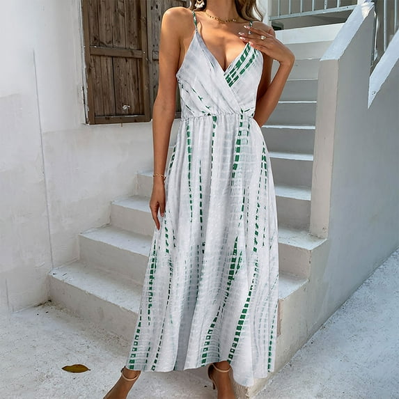 Wycnly Formal Dresses for Women Sleeveless V-Neck Leopard Print Summer Maxi Dresses Beach Loose Swing Spaghetti Strap Camisole Dress Green xxl Under $5