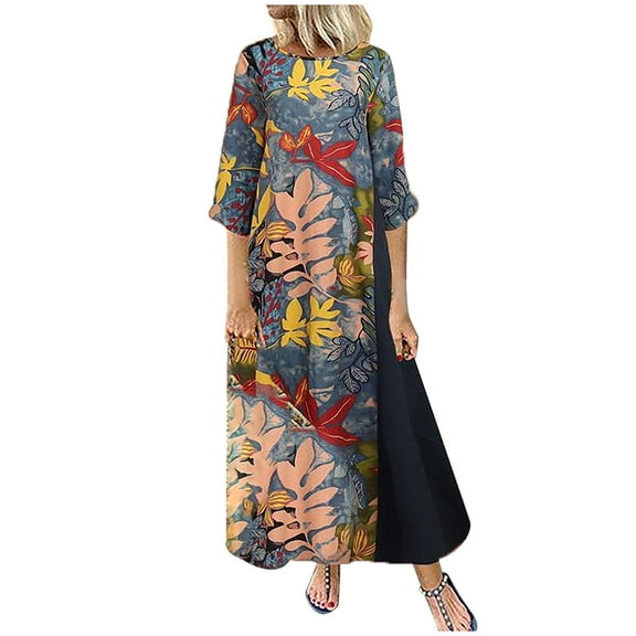 Wycnly Formal Dresses for Women Soft Cotton Linen Casual Plus Size Swing Tunic Long Dresses Round Neck 3/4 Sleeve Leaves Print 2025 Summer Maxi Dress Navy XXXXL
