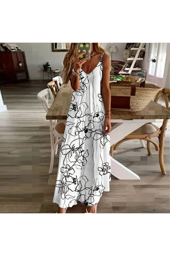 Formal Dresses for Women Summer Dresses for Women Beach Boho Spaghetti Strap Long Sundress Fashion Floral Print V Neck Sleeveless Hem Cami Dress Maxi Dress for Women