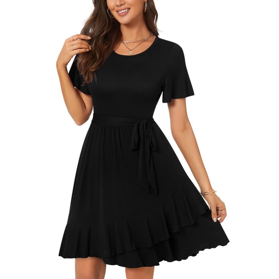 Wycnly Formal Dresses for Women Tie Waist Loose Flowy Ruffle Swing Beach Dress Round Neck Short Sleeve Floral Print Summer Mini Dresses Black L Clothes