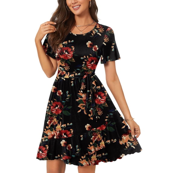 Wycnly Formal Dresses for Women Tie Waist Loose Flowy Ruffle Swing Beach Dress Round Neck Short Sleeve Floral Print Summer Mini Dresses Red XXL Clothes