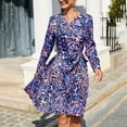 thumbnail image 1 of Wycnly Formal Dresses for Women Tie Waist Ruffle Swing A-line Vintage Midi Dress V-Neck Long Sleeve Leopard Print Summer Knee-Length Dresses Blue XXL Clearance Clothes, 1 of 6