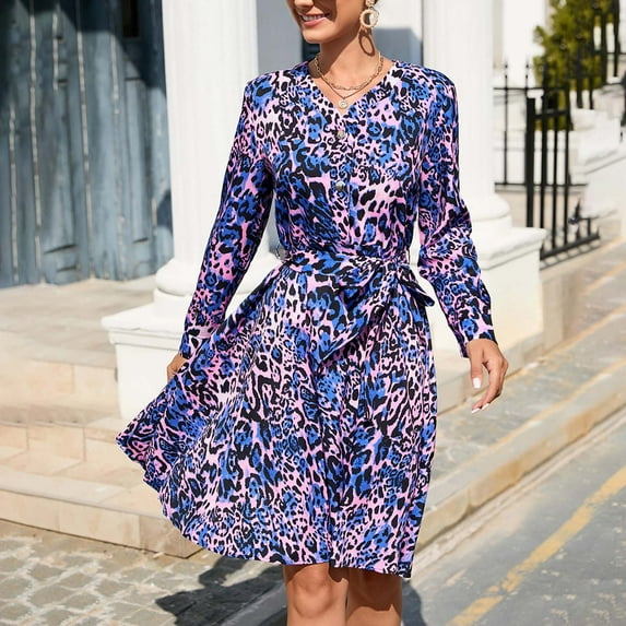 Wycnly Formal Dresses for Women Tie Waist Ruffle Swing A-line Vintage Midi Dress V-Neck Long Sleeve Leopard Print Summer Knee-Length Dresses Blue XXL Clearance Clothes