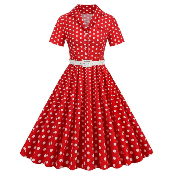 Wycnly Formal Dresses for Women Vintage 1950S Button Down Pleated Swing A Line Party Prom Dresses with Belt Short Sleeve V-Neck Polka Dot Print 2025 Summer Midi Dress Red XL