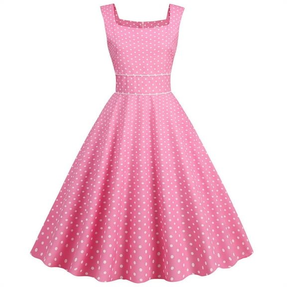 Wycnly Formal Dresses for Women Vintage Empire Waist Pleated Swing Party Prom 1950S Tank Midi Dresses Sleeveless Square Neck Polka Dot Print 2025 Summer Knee-Length Dress Pink s