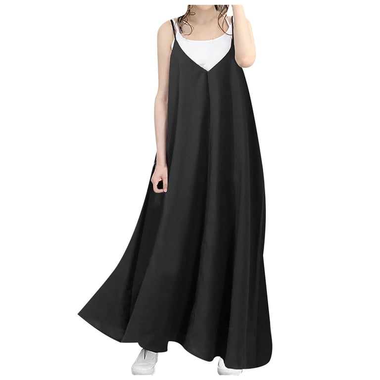 Wycnly Formal Dresses for Women Beach Casual Plus Size Spaghetti Strap Long Sundress V-Neck Sleeveless Solid 2024 Summer Maxi Dress Black XXL