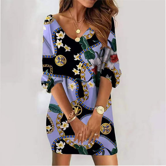 Wycnly Formal Dresses for Women Beach Fashion Plus Size Swing A Line Mini Sundress Elbow-Length V-Neck Dot Print 2025 Summer Short Dress Purple XXL