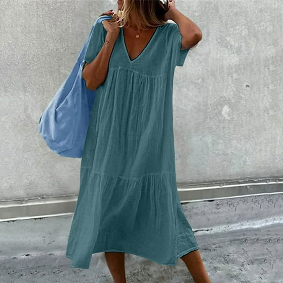 Wycnly Formal Dresses for Women Beach Loose Swing Cover Ups Tshirt Dress V-Neck Short Sleeve Solid Summer Long Dresses Sky Blue XXL Clearance Clothes