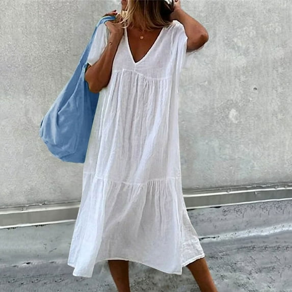Wycnly Formal Dresses for Women Beach Loose Swing Cover Ups Tshirt Dress V-Neck Short Sleeve Solid Summer Long Dresses White L Clearance Clothes