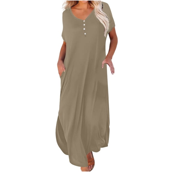 Wycnly Formal Dresses for Women Casual Button up Loose Irregular Pocket Beach Maxi Sundress V-Neck Short Sleeve Solid Summer Long Dress Khaki XXL