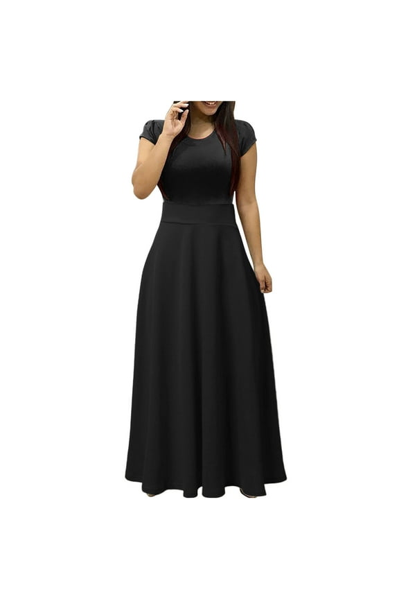 Formal Dresses for Women Casual Empire Waist Pleated Swing A Line Long Dresses Round Neck Short Sleeve Solid 2024 Summer Maxi Dress Black s