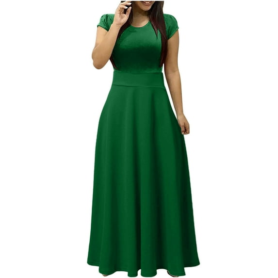 Wycnly Formal Dresses for Women Casual Empire Waist Pleated Swing A Line Long Dresses Round Neck Short Sleeve Solid 2024 Summer Maxi Dress Green m