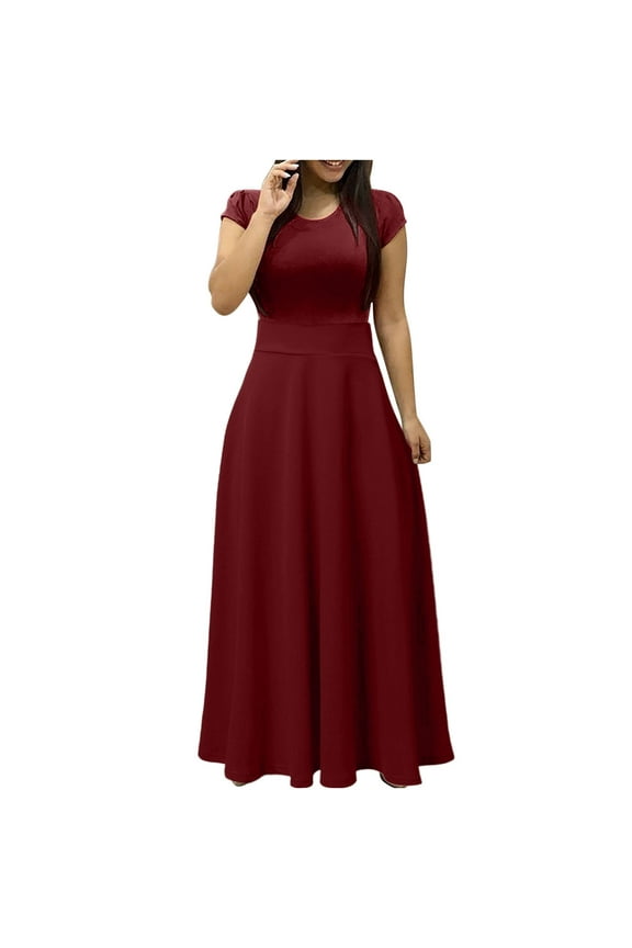 Formal Dresses for Women Casual Empire Waist Pleated Swing A Line Long Dresses Round Neck Short Sleeve Solid 2024 Summer Maxi Dress Wine s