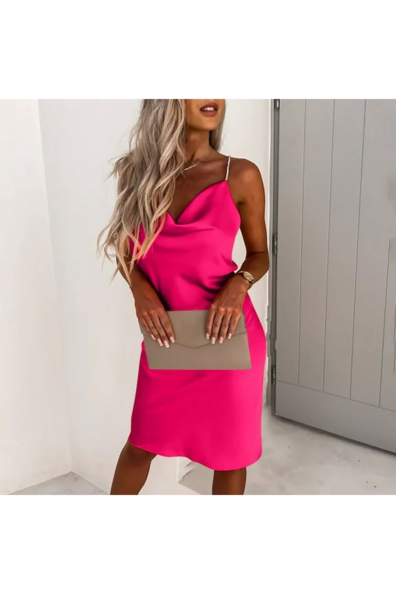 Formal Dresses for Women Cocktail Party Prom Sexy Slim Spaghetti Strap Mini Dresses Sleeveless V-Neck Solid 2025 Summer Short Dress Hot Pink s