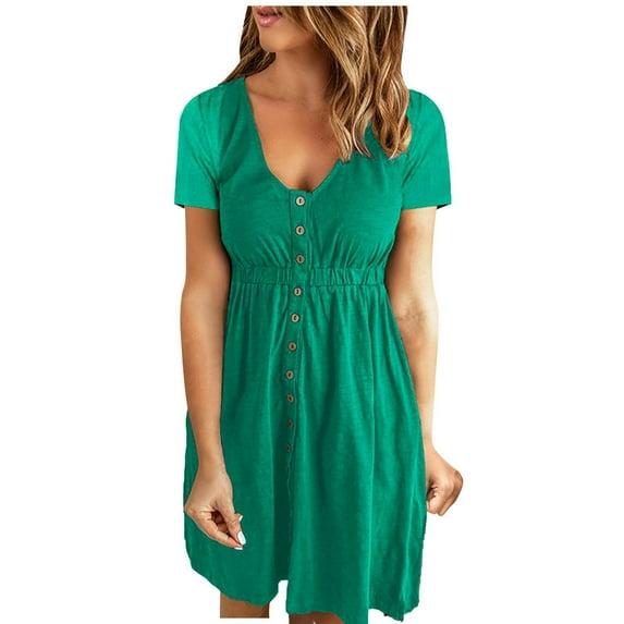 Wycnly Formal Dresses for Women Elastic Waist Button Down Smocked Tunic Tshirt Dress V-Neck Short Sleeve Solid 2024 Summer Mini Dresses Green xxxl