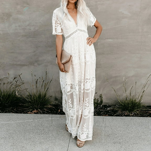 Wycnly Formal Dresses for Women Elbow-Length V-Neck Solid Summer Maxi Dresses High Waist Lace Patchwork Beach Long Dress White L Up to 65% off