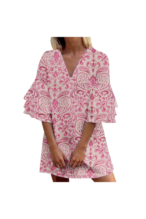 Formal Dresses for Women Flared Sleeve Loose Lightweight Tunic Short Dress V-Neck 3/4 Sleeve Floral Print 2025 Summer Mini Dresses Pink xxl