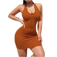thumbnail image 1 of Wycnly Formal Dresses for Women Knitted Ribbed Button Down Sexy Bodycon Tank Mini Dresses Sleeveless U-Neck Solid 2024 Summer Short Dress Brown XL, 1 of 5