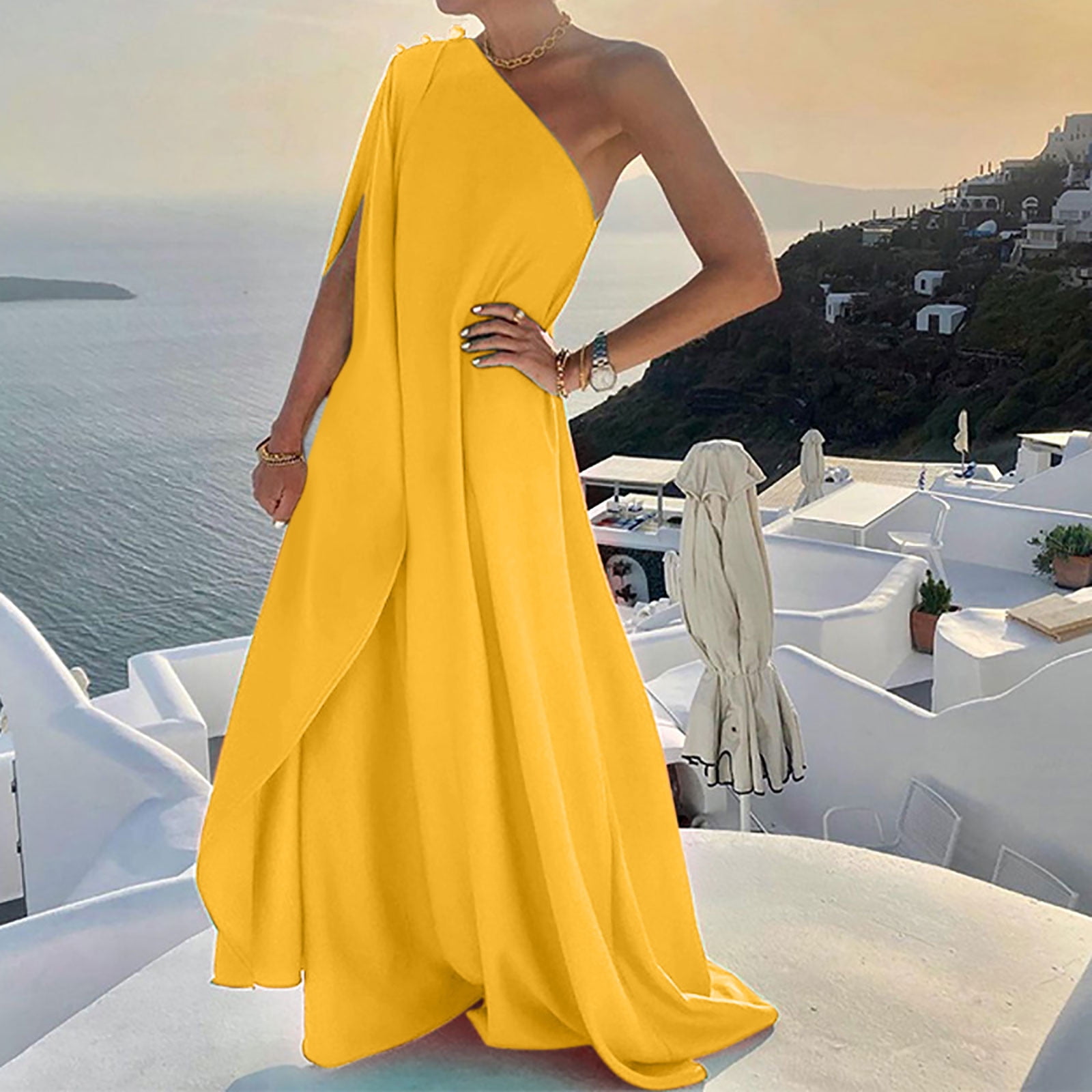 Wycnly Formal Dresses for Women Loose Swing One Shoulder Long Dress Slash  Neck Sleeveless Solid Summer Maxi Dresses Yellow L Clothes - Walmart.com