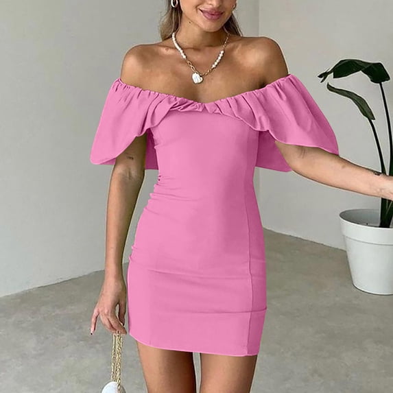 Wycnly Formal Dresses for Women Night Club Sexy off Shoulder Bodycon Tube Top Dresses Short Sleeve One Line Neck Solid 2024 Summer Mini Dress Pink s