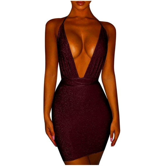 Wycnly Formal Dresses for Women Party Club Sexy Low-cut Backless Bodycon Strap Mini Dresses Sleeveless V-Neck Solid 2025 Summer Short Dress Red l