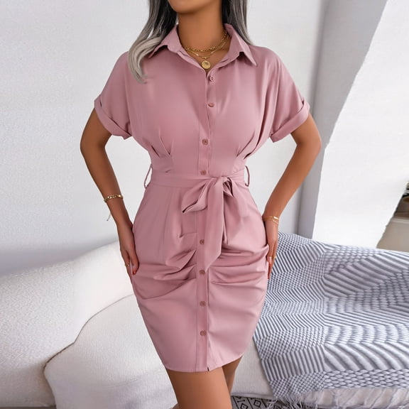 Wycnly Formal Dresses for Women Sexy Bodycon Button Down Wrap Shirt Dresses with Belt Short Sleeve Lapel Solid 2025 Summer Mini Dress Pink l