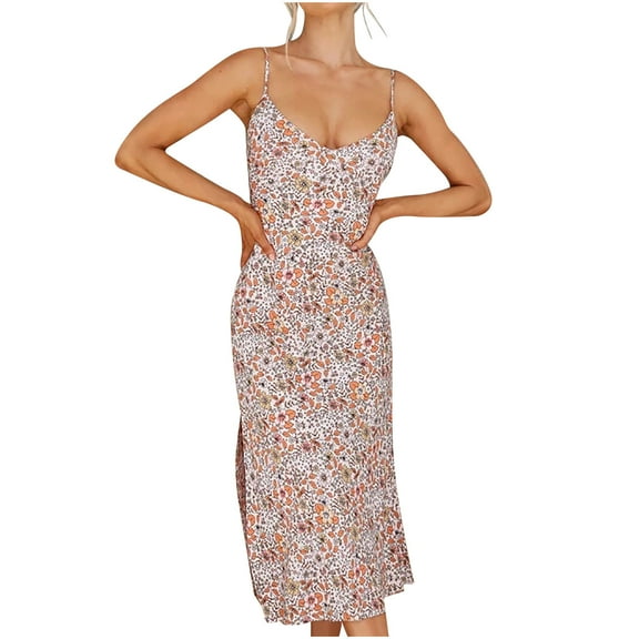 Wycnly Formal Dresses for Women Sexy Slim Spaghetti Strap Beach Party Cami Long Dresses V-Neck Sleeveless Floral 2025 Summer Maxi Dress Red m