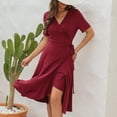 thumbnail image 1 of Wycnly Formal Dresses for Women Short Sleeve V-Neck Solid Summer Long Dresses Tie Waist A Line Ruffle Hem Warp Dress Wine S Up to 65% off, 1 of 7