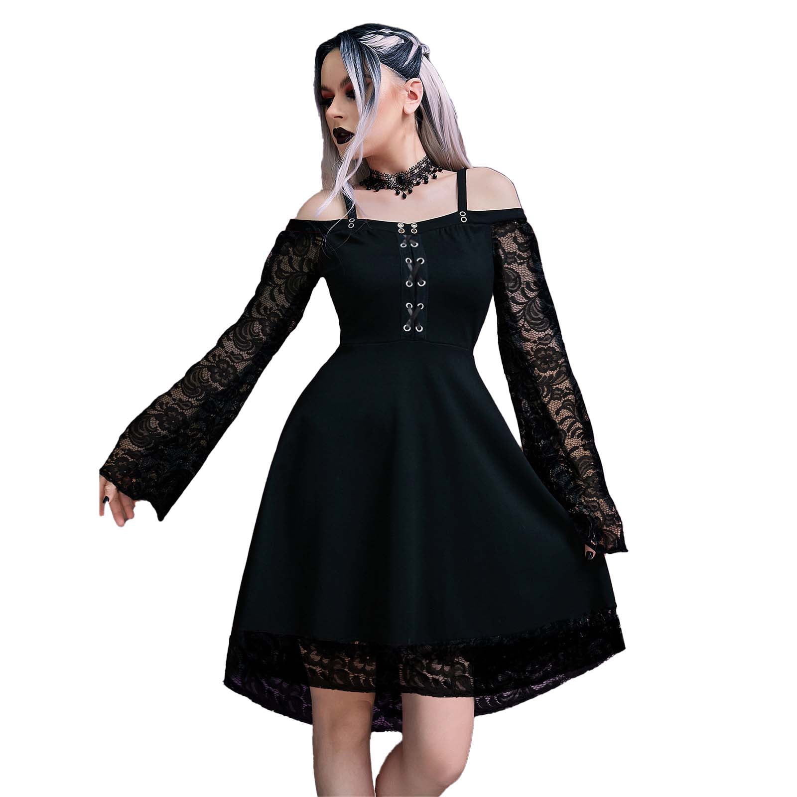 Wycnly Gothic Clothes for Women Womens Gothic Dresses Vintage Lace Patchwork Cold Shoulder Spaghetti Strap Party Dresses Plus Size Bandage Midi Dress Wycnly Gothic Clothes for Women Womens Gothic Dresses Vintage Lace Patchwork Cold Shoulder Spaghetti Strap Party Dresses Plus Size Bandage Midi Dress