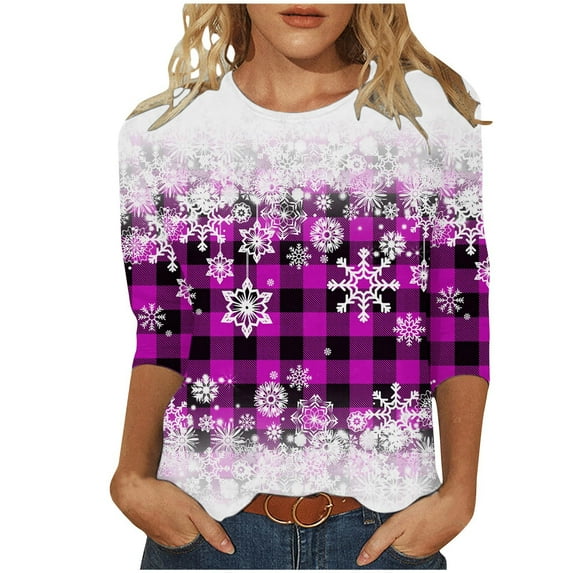 Wycnly Holiday Deals Winter Tee Tops for Women Womens Christmas Shirts Xmas Round Neck Lightweight Ladies Pullover Blouses Fashion Snowflake Print Tee Tops Fall 3/4 Sleeve Tops Christmas Clearance