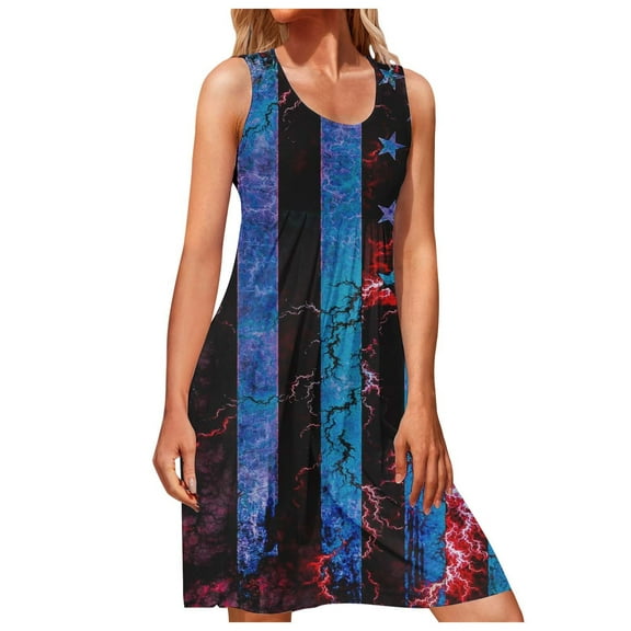 Wycnly Independence Day Dresses for Women Flowy Pleated Swing Elastic Waist 4th of July Mini Dresses Sleeveless U-Neck USA Flag Print Summer Short Formal Dress Navy xxl