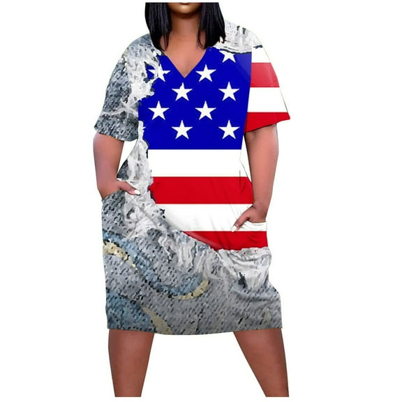 Wycnly Independence Day Dresses for Women Loose Pocket 4th of July Patriotic Swing Tunic Midi Dresses Short Sleeve V-Neck Star Print Summer Knee-Length Formal Dress Gray xxl